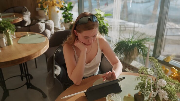 Hvid kvinde bruger tablet på solbeskinnet café, smilende mens hun tjekker beskeder og trykker på skærmen, latte og blomsterarrangement på rundt bord, solbriller på hovedet, afslappet stemning med varmt vindueslys