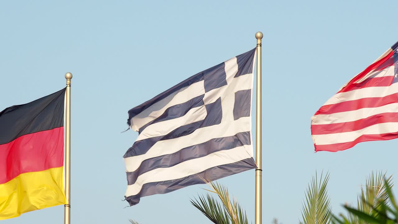 Greek flag. Greece symbol, national patriotism, with flag pole. Travel destinations, tourism. Europe.