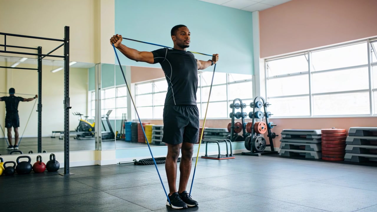 Hands gripping handles feet anchoring band man in gym gear extending arms training shoulders in gym