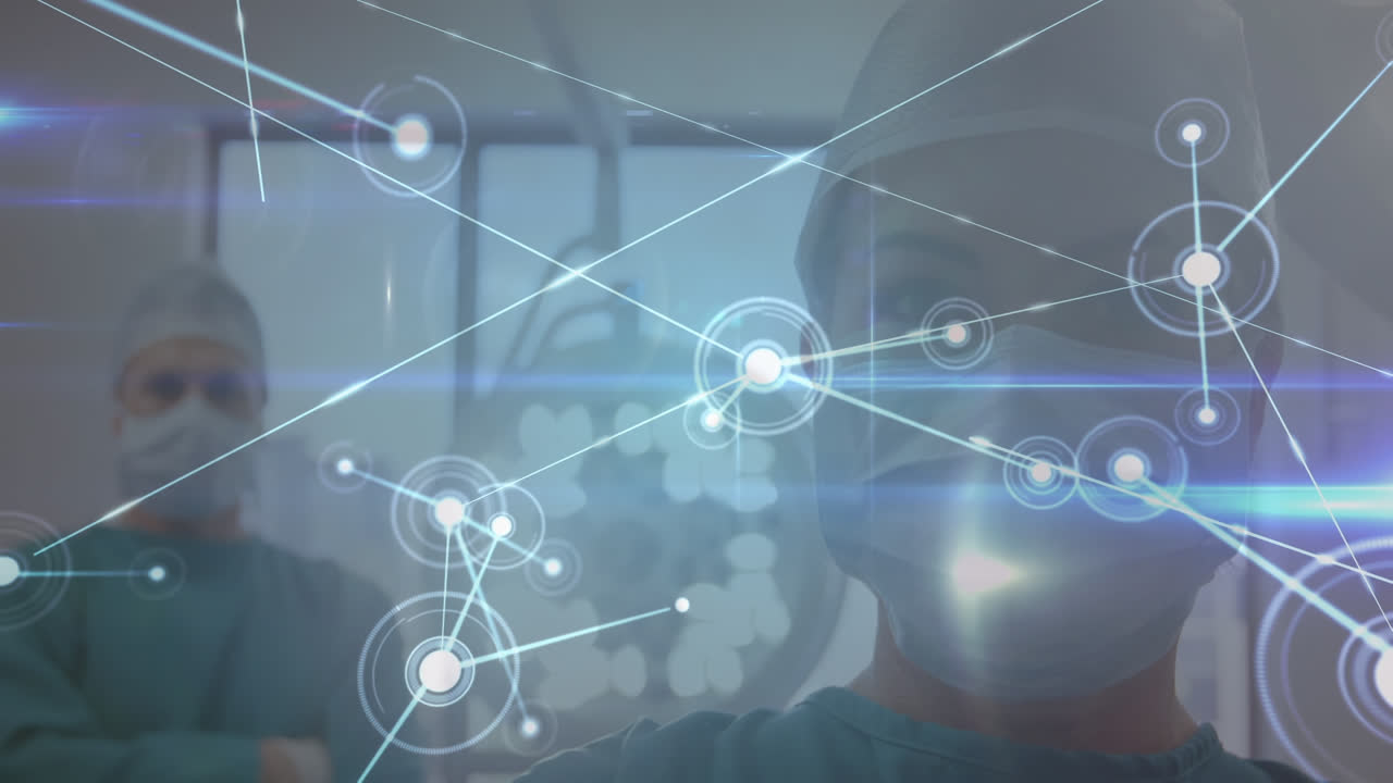 병원에서 백인 여성 외과 의사의 초상화에 대한 연결의 반이는 네트워크