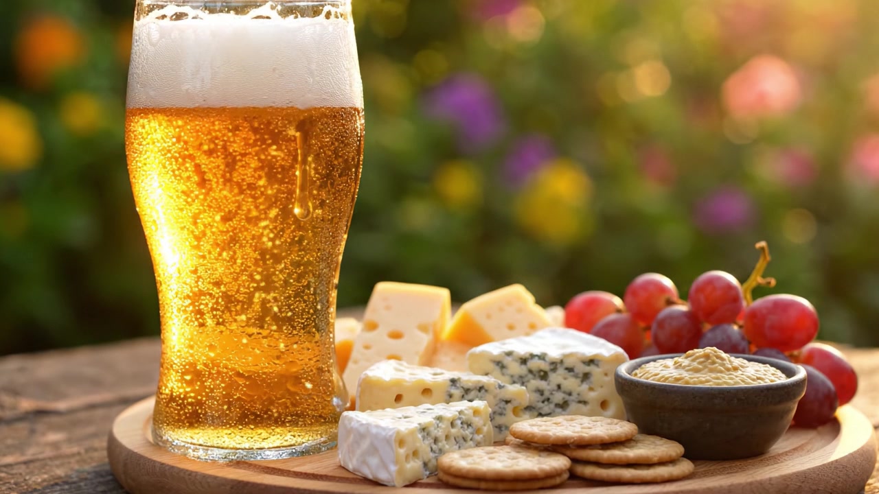 Một bữa tiệc phô mai, bánh quy giòn, nho và bia hấp dẫn, với một ly bia vàng tươi mát trên nền hoa ngoài trời tuyệt đẹp