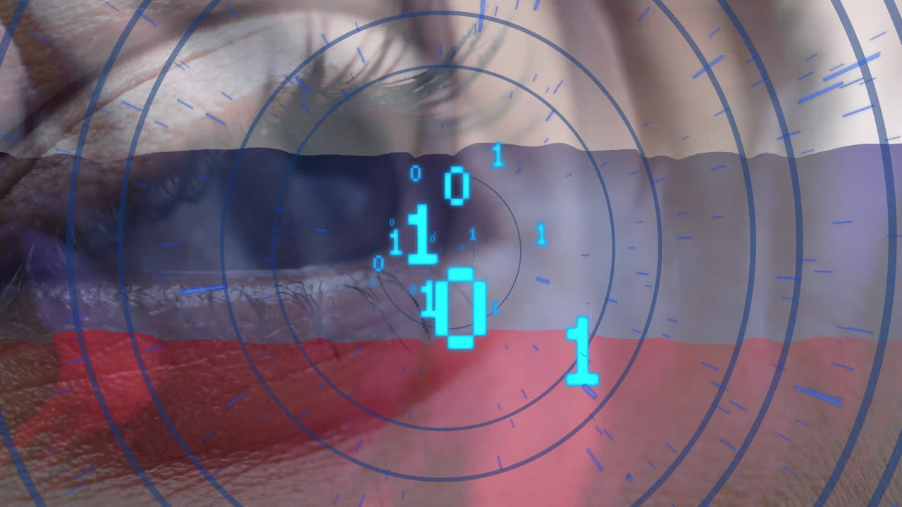 인간 눈과 러시아 발의 클로즈업에 대한 이진 코드 애니메이션