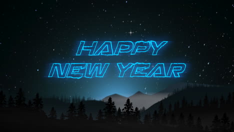 Feliz-Año-Nuevo-Con-Bosque-Y-Cielo-De-Estrellas-En-La-Montaña
