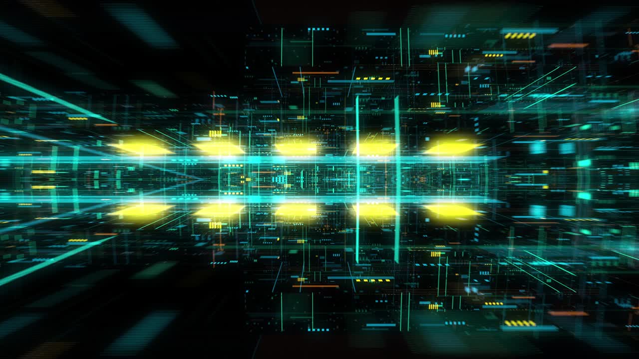 un ciclo senza interruzioni di astratto background tecnologico futuristico, circuiti galleggianti, grafici, elementi digitali.