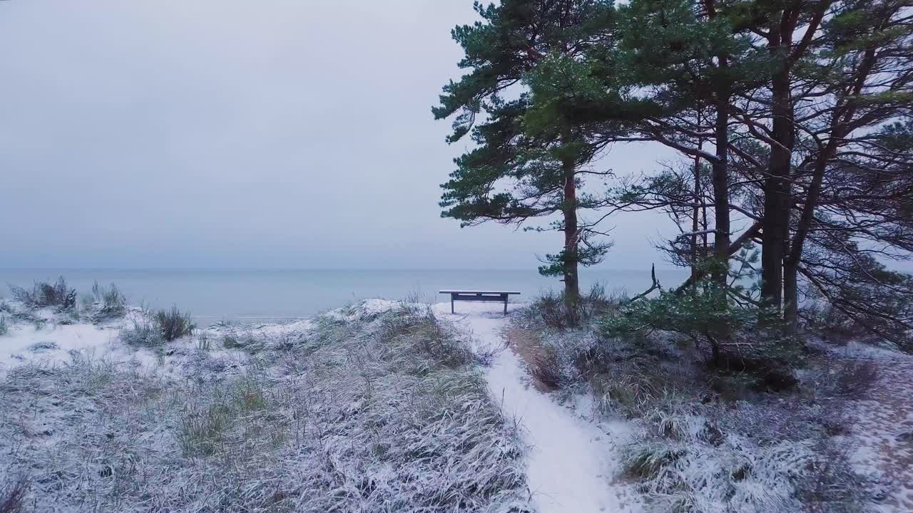 hermosa vista aérea de la costa del mar báltico en un día de invierno nublado, playa con arena blanca cubierta de nieve, erosión costera, cambios climáticos, disparos de drones de gran angular que avanzan