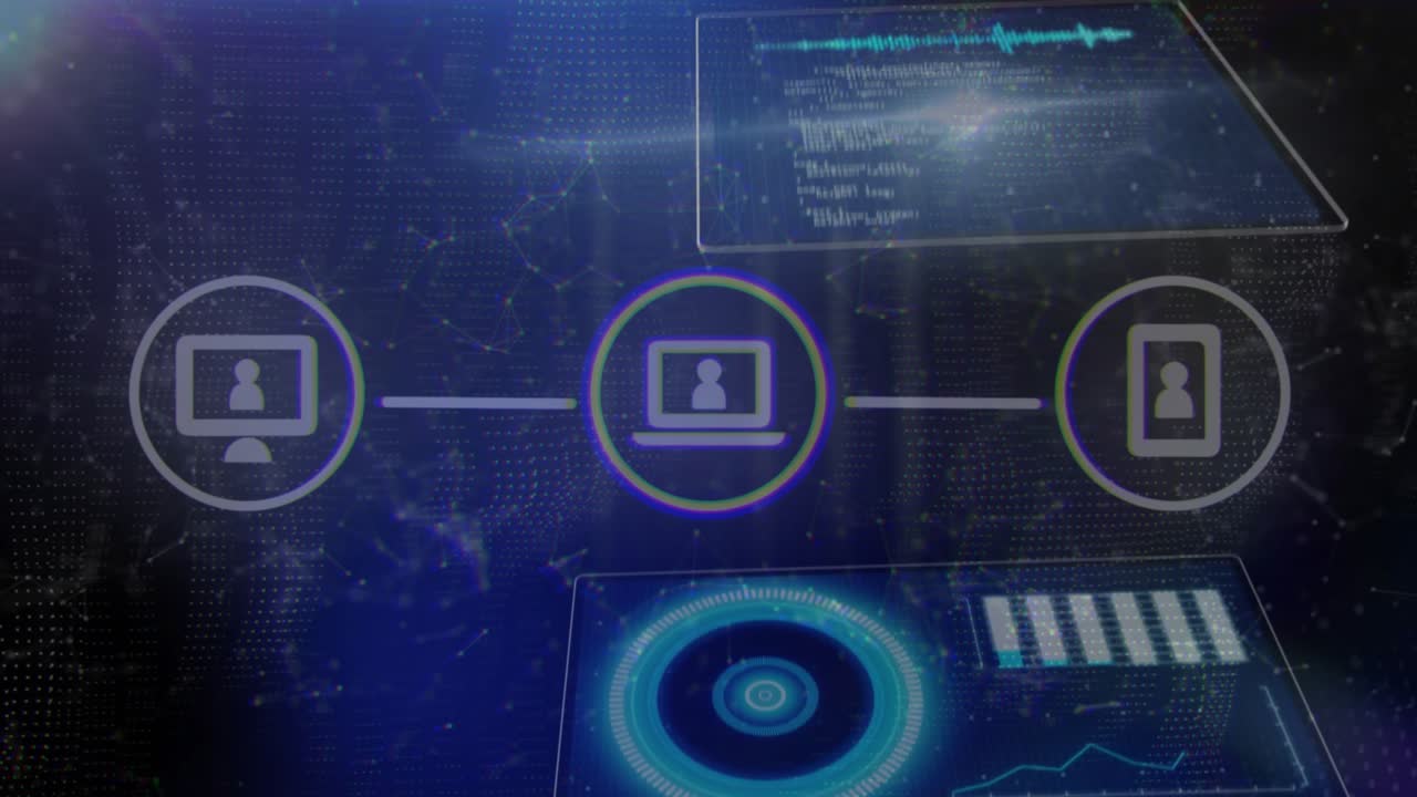 Desktop node launching glowing line linking laptop to mobile node with panels visualizing network