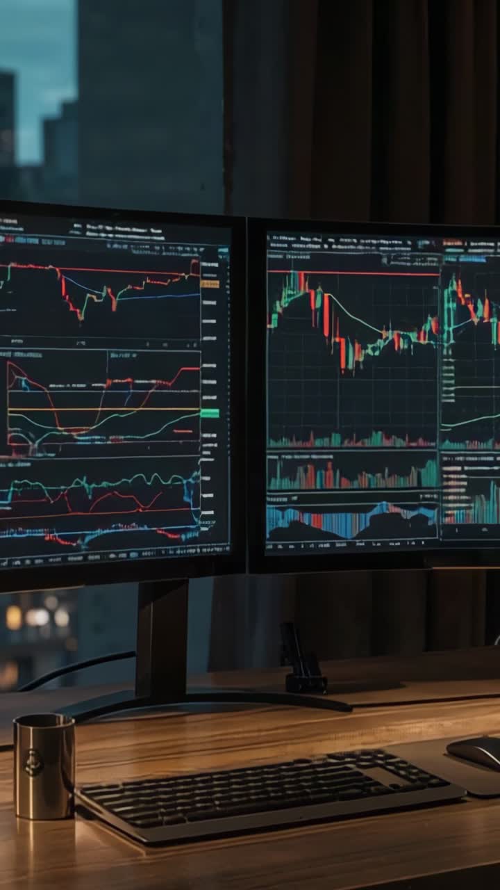 Vertical video: Updating trading charts on dual monitors at trading desk monitoring market activity