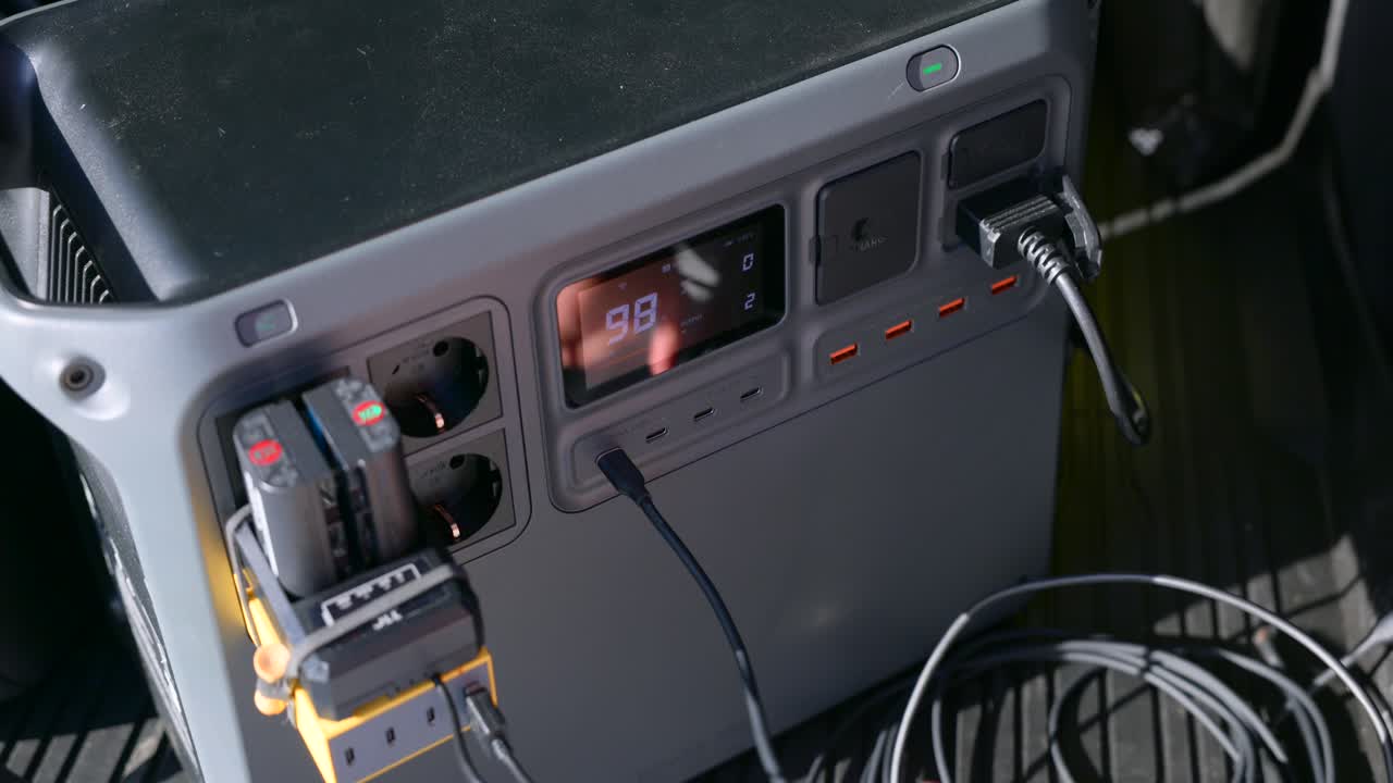 Close-up of a hand plugging a USB cable into a portable power station. The device is simultaneously charging drone batteries, perfect for mobile creators and road trips
