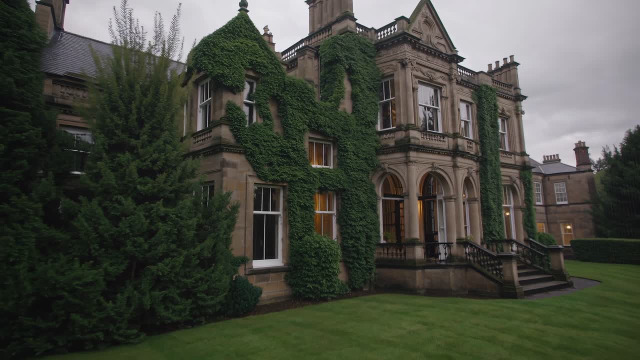Elegant Victorian era mansion nestled in the countryside, its stone facade adorned with lush ivy, exudes timeless charm under a cloudy sky, evoking a sense of history and tranquility