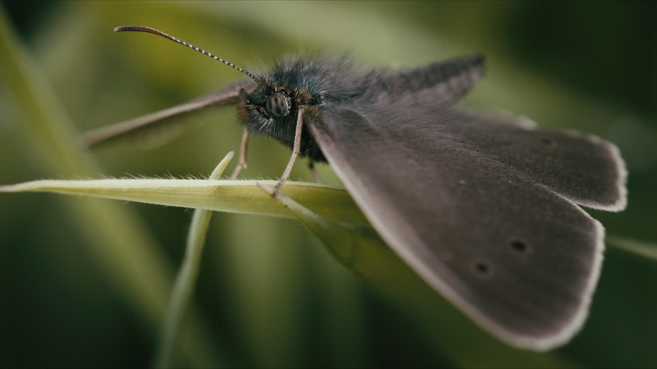 Close-up of ringlet butterfly resting on grass blade with blurred green background