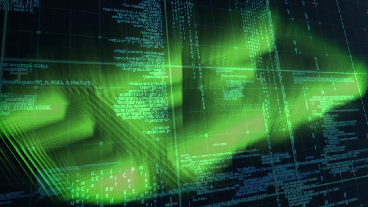 Animation of glowing data processing with markers over grid