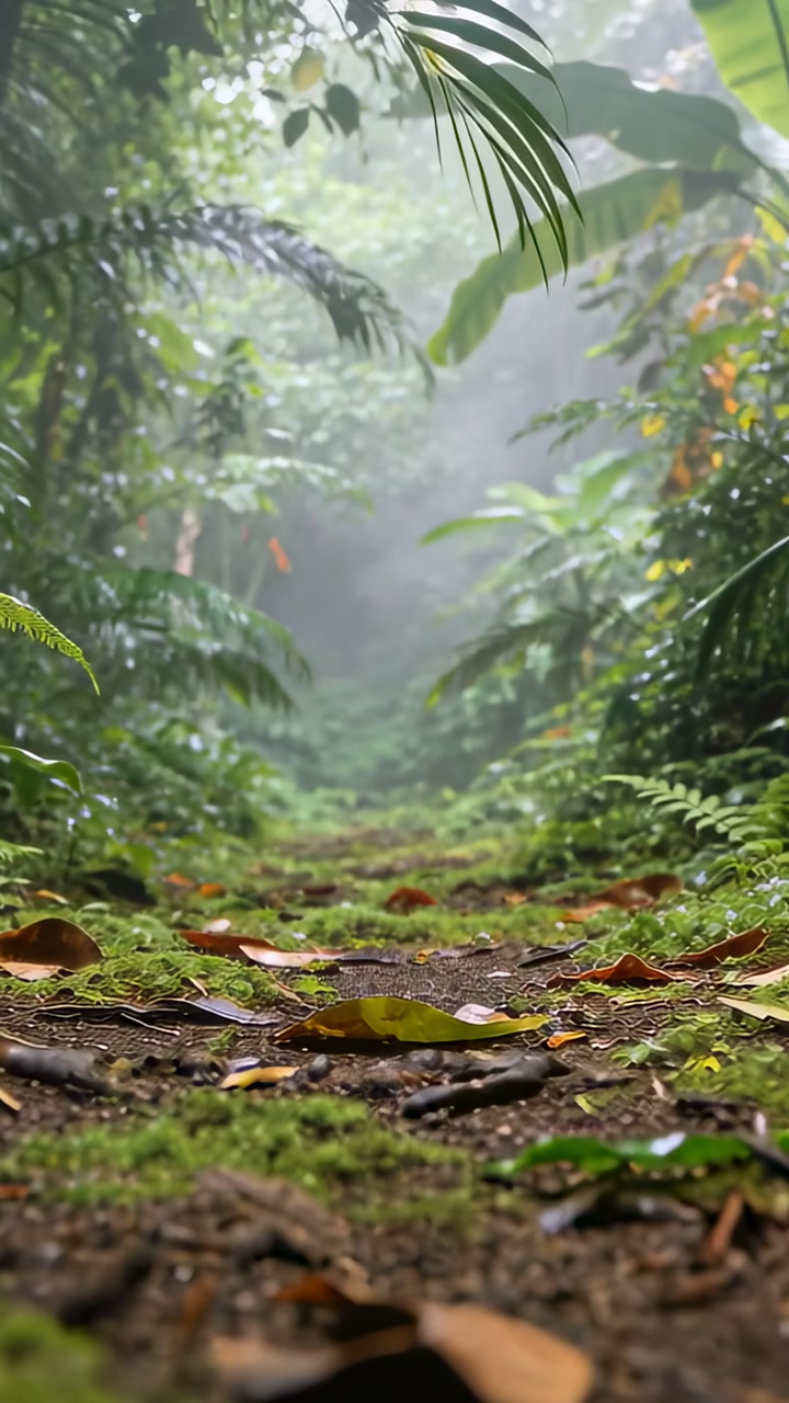 Vertical video: Pulling back camera showing moss and leaves on forest path, exposing misty tunnel
