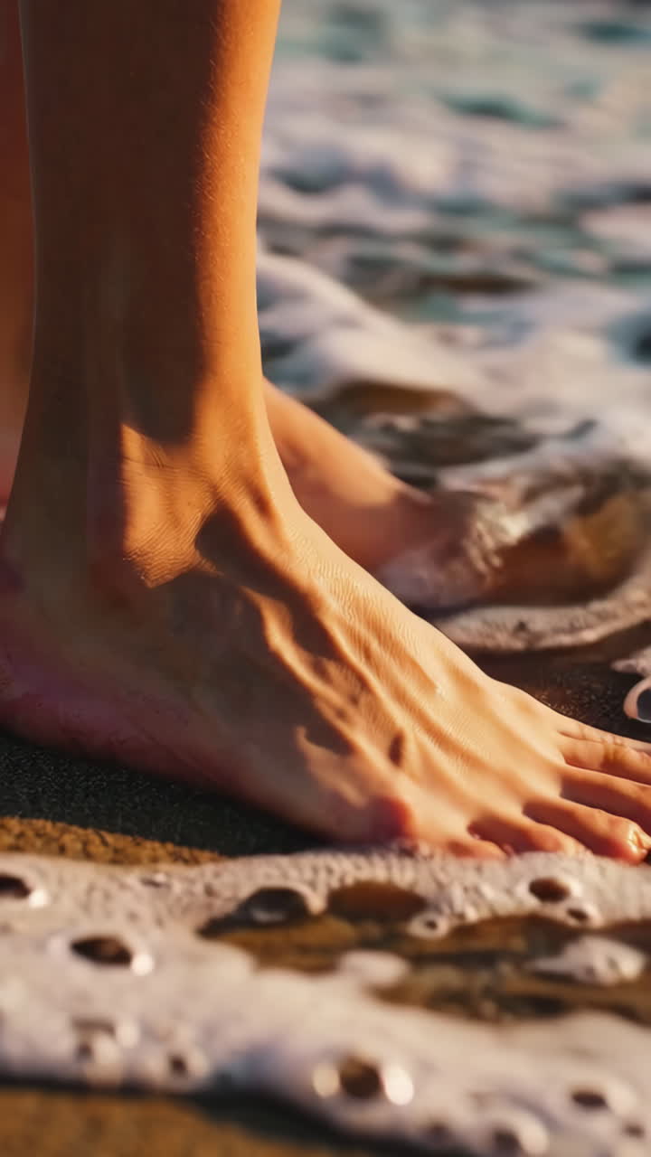 Close-up of Feet Walking in Foamy Ocean Waves on a Beach