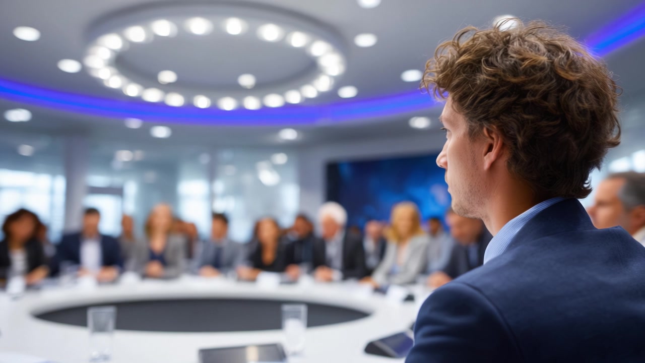 Partecipante Concentrato a una Riunione Aziendale con un Gruppo Eterogeneo di Partecipanti Professionisti a un Moderno Tavolo da Conferenza in un Ambiente d'Ufficio Ben Illuminato.
