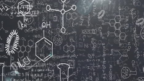 Animation of chemical icons and mathematical equations over black background