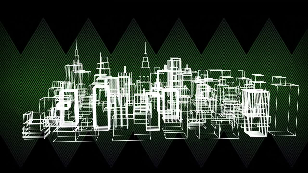 animación de un plan 3d de edificios de la ciudad girando, sobre delgadas líneas en zigzag paralelas verdes en negro