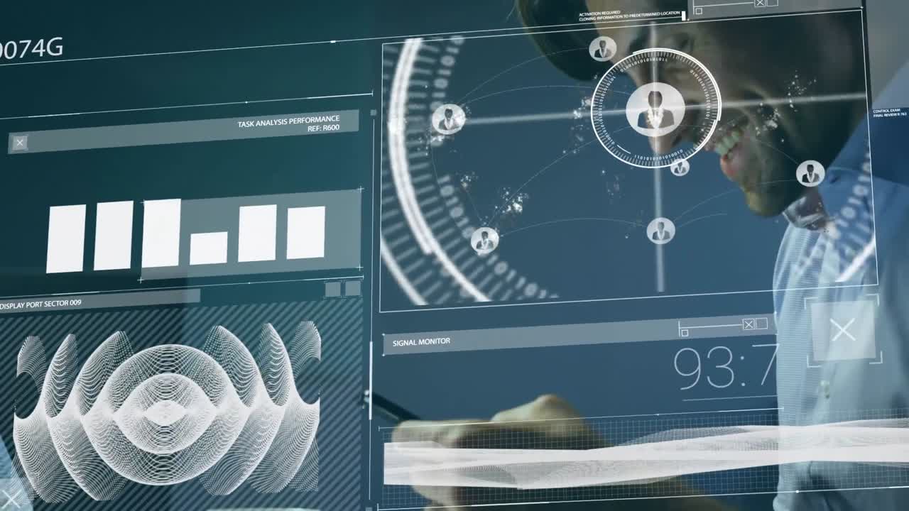 animación del procesamiento de datos financieros sobre un hombre caucásico que usa un teléfono inteligente