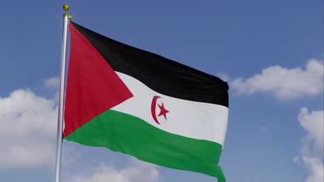 flag of western sahara moving in the wind with a clear blue sky in the background, clouds slowly moving, flagpole, slow motion