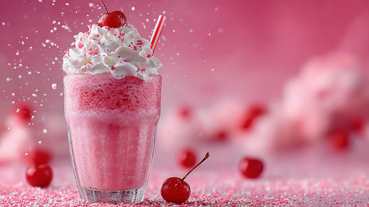 Un delizioso milkshake rosa sormontato da panna montata, ciliegie e codette su uno sfondo rosa tenue, realizzato alla perfezione per un piacere estivo.