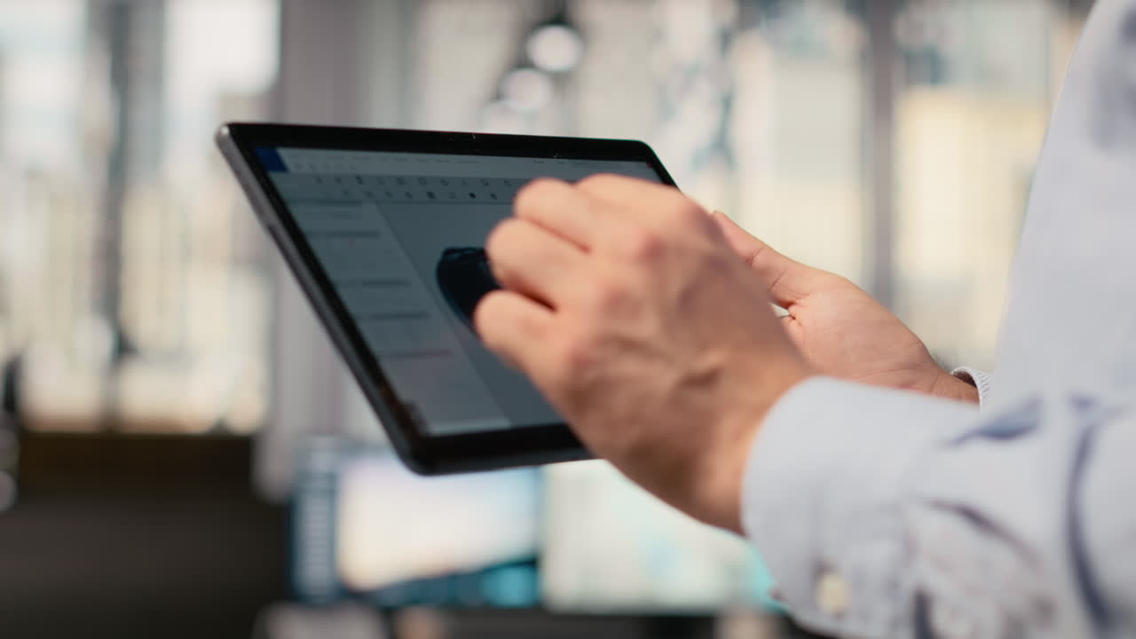 Close Up Of Engineer Using Cad App On Tablet To Make Wind Turbine More Sustainable