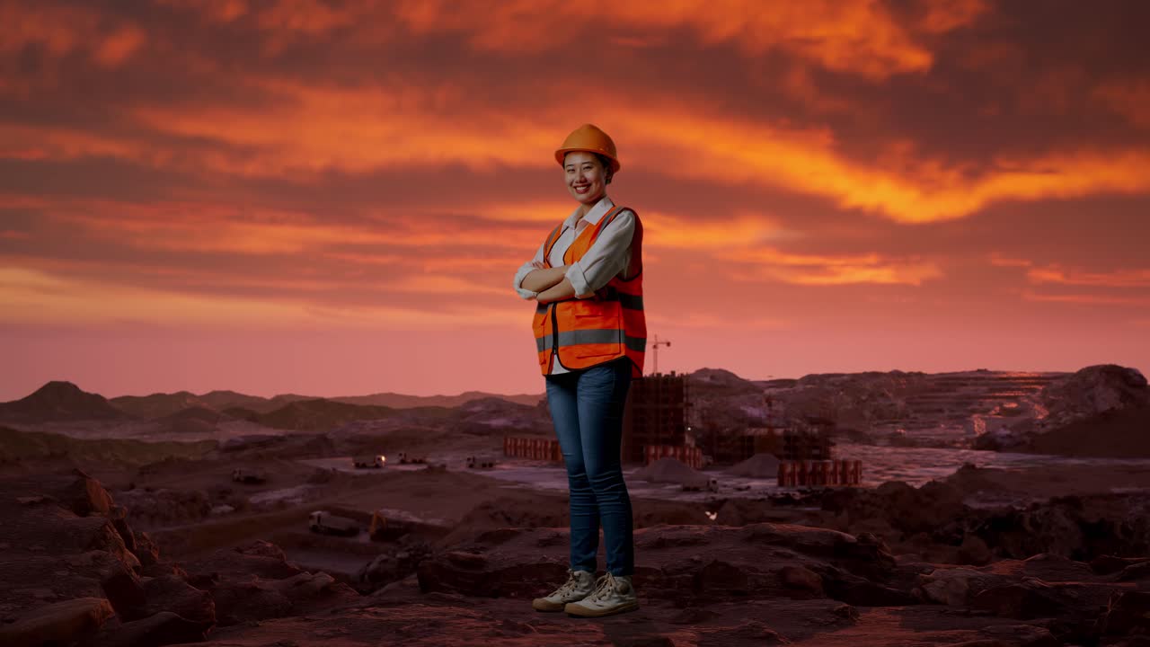 ingeniera en una cantera al atardecer