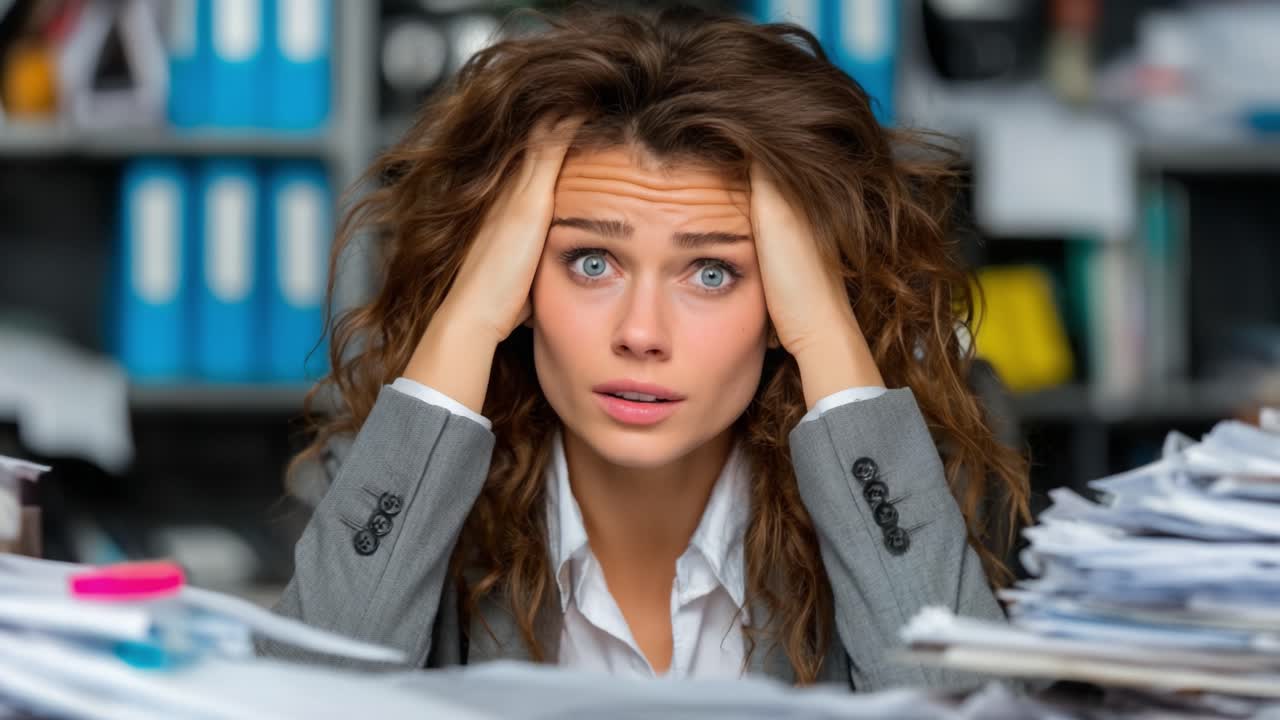 Overwhelmed Employee Surrounded by Paperwork Struggles to Maintain Composure Amidst the Chaos in a Busy Office Environment