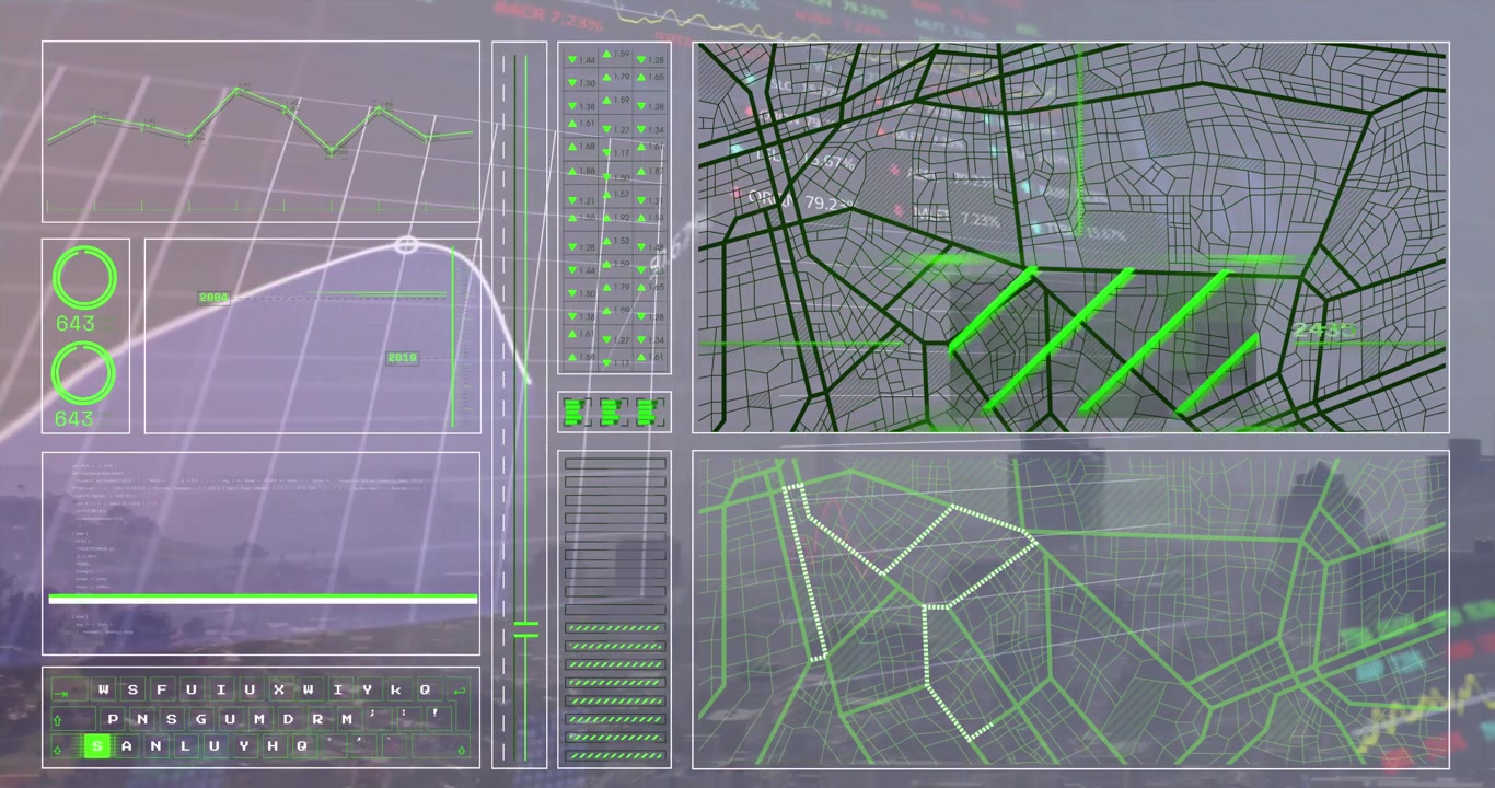 Digital Financial Data Overlay on Urban City Skyline