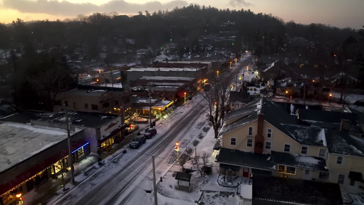 aerial pullout of blowing rock nc in winter with snow