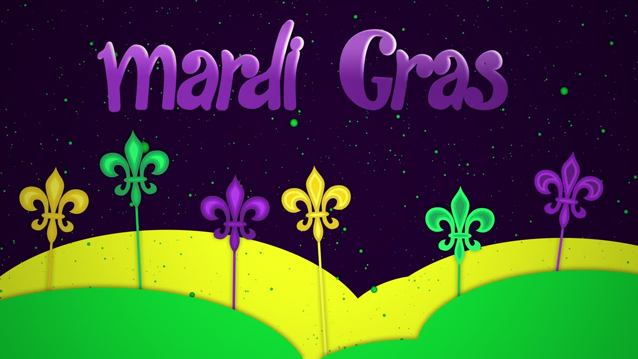 마르디 그라스 한 화요일: 아름다운 노란색, 초록색, 보라색, 꽃이 피는 릴리 상징, 어두운 배경에 떨어지는 콩페티, 베네치아 카니발, 마르디그라스, 원활한 루프 패턴, 4k 그래픽 모션