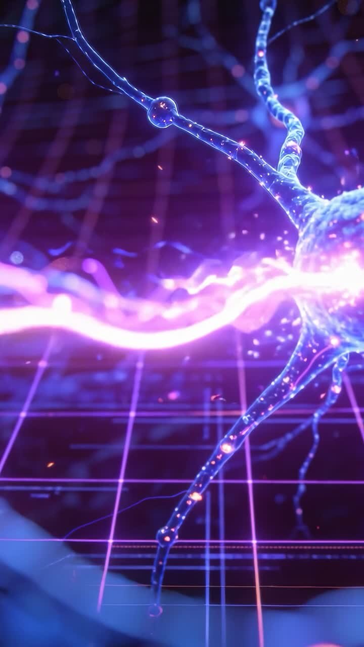 Neuron receiving purple arc across neon grid, propagating light and sparks for neural research