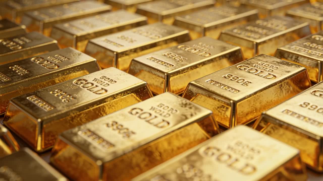 Lingotti d'oro disposti in file, la telecamera che sposta il fuoco, evidenziando la purezza 999.