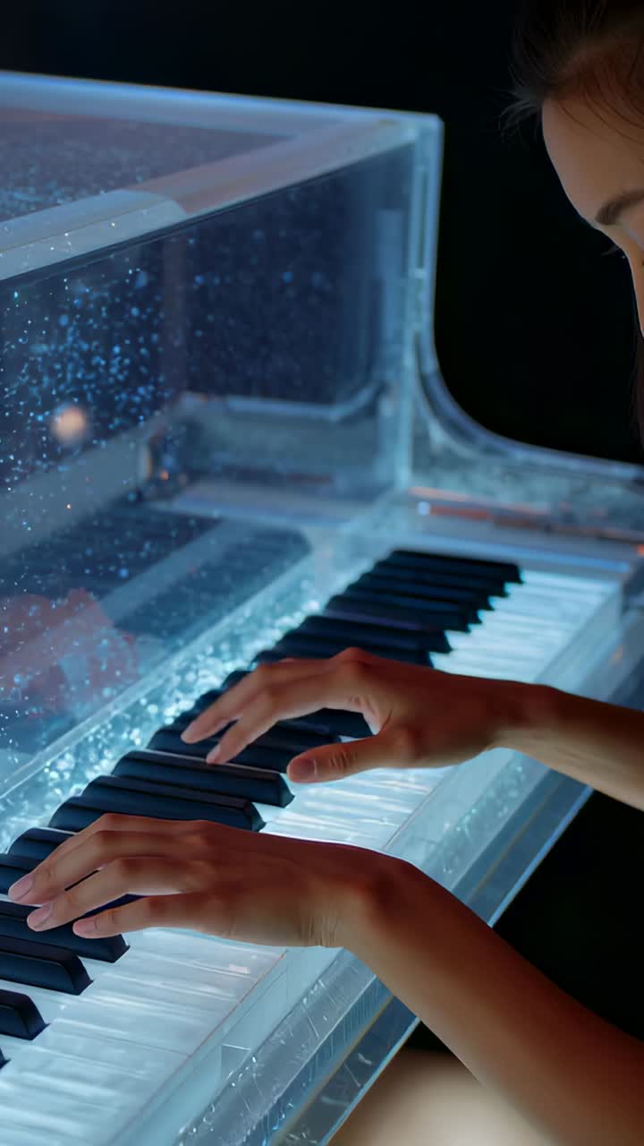 Vertical video: Cueing pianist hands moving across acrylic lit keys on stage, bubbles, copy space