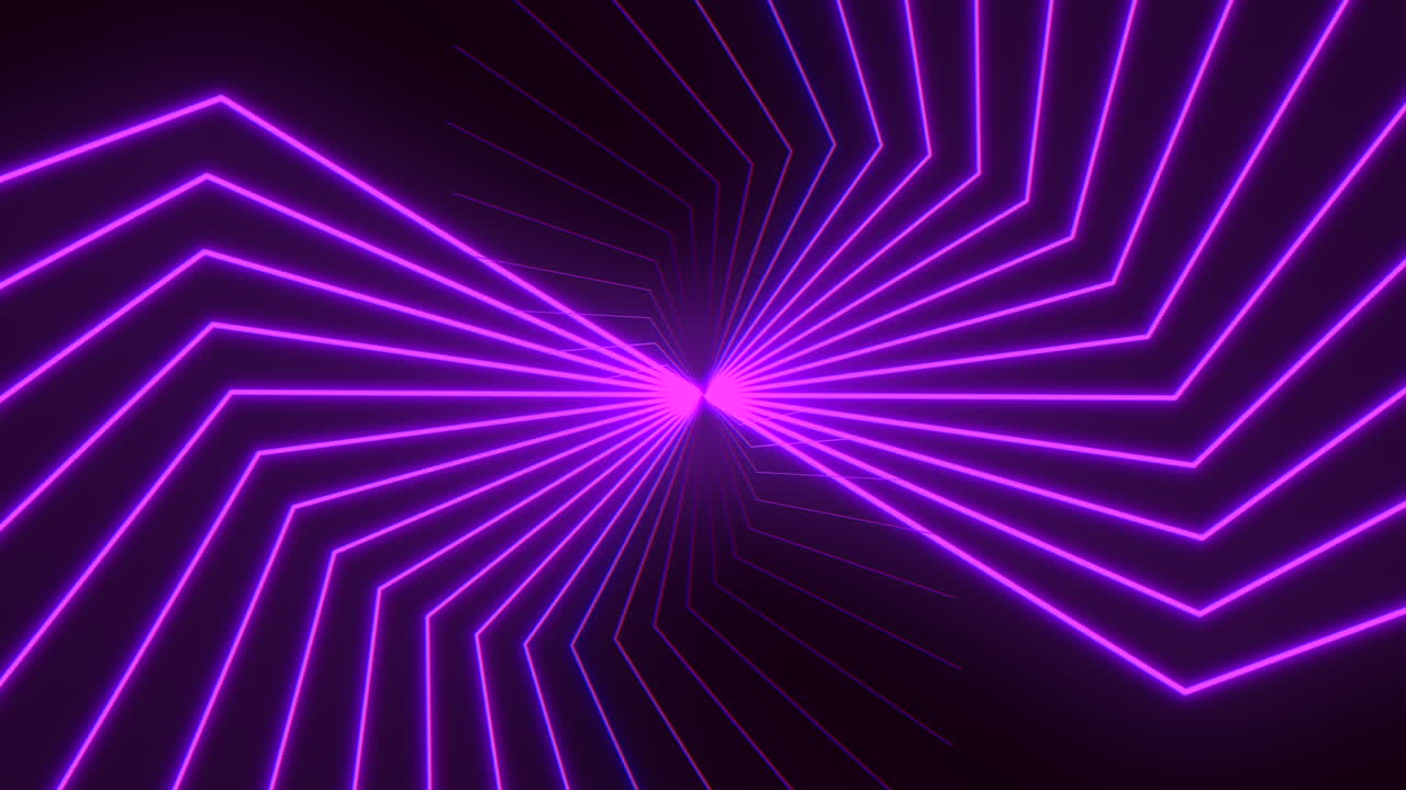 Tunnel laser futuristico al neon viola con linee geometriche luminose che convergono verso un punto di fuga su sfondo scuro, ideale per concetti di fantascienza, visual musicali, sfondi per club e temi tecnologici.