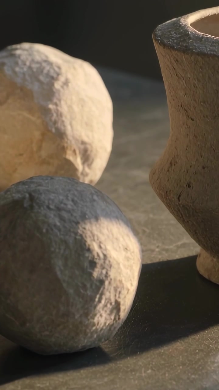 Video verticale: Inquadratura in movimento che rivela due sfere e una pentola su un tavolo in luce calda, mostrando la texture.