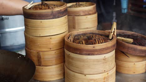 steaming dim sum bamboo container tier stack chinese cantonese famous food