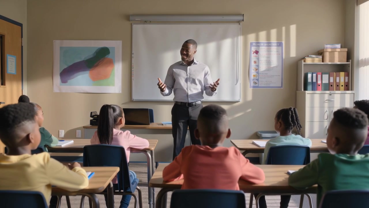 Starting class teacher wearing gray shirt gesturing and teaching at front of class, with notes