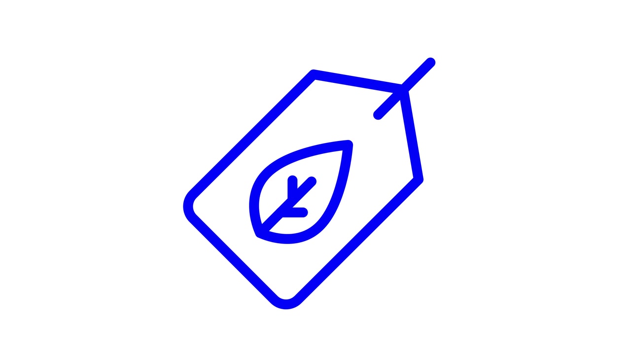 Icona di cartellino del prezzo ecologico con contorno blu e foglia.