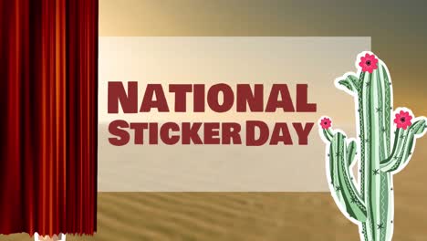 Animation-of-red-curtain-revealing-national-sticker-day-text-over-yellow-panel