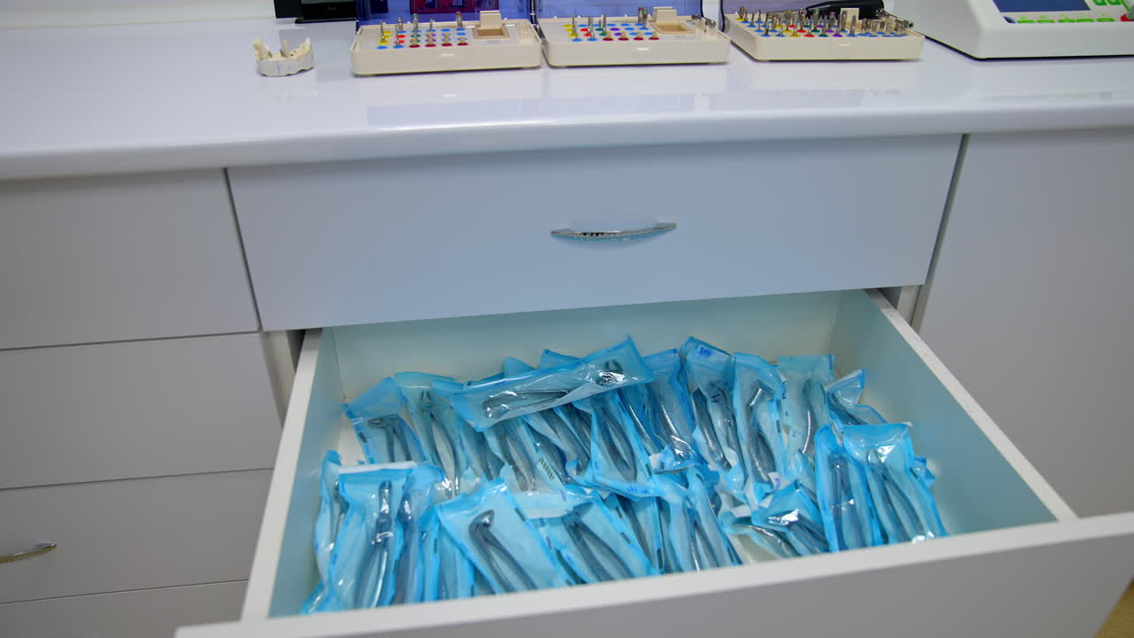 Medical equipment and stomatology. Professional dentist tools in dental office