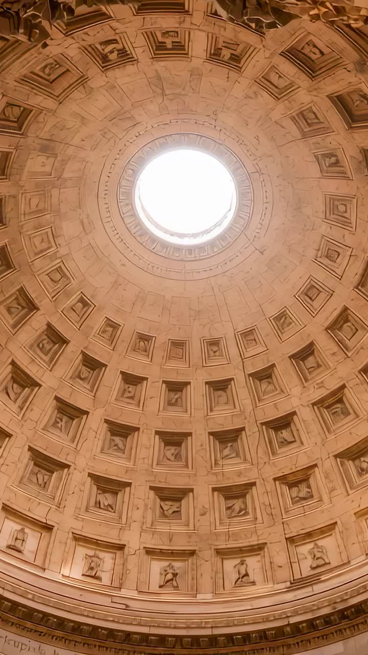 Vertical video: Camera capturing coffered dome at Pantheon, showing central oculus and reliefs