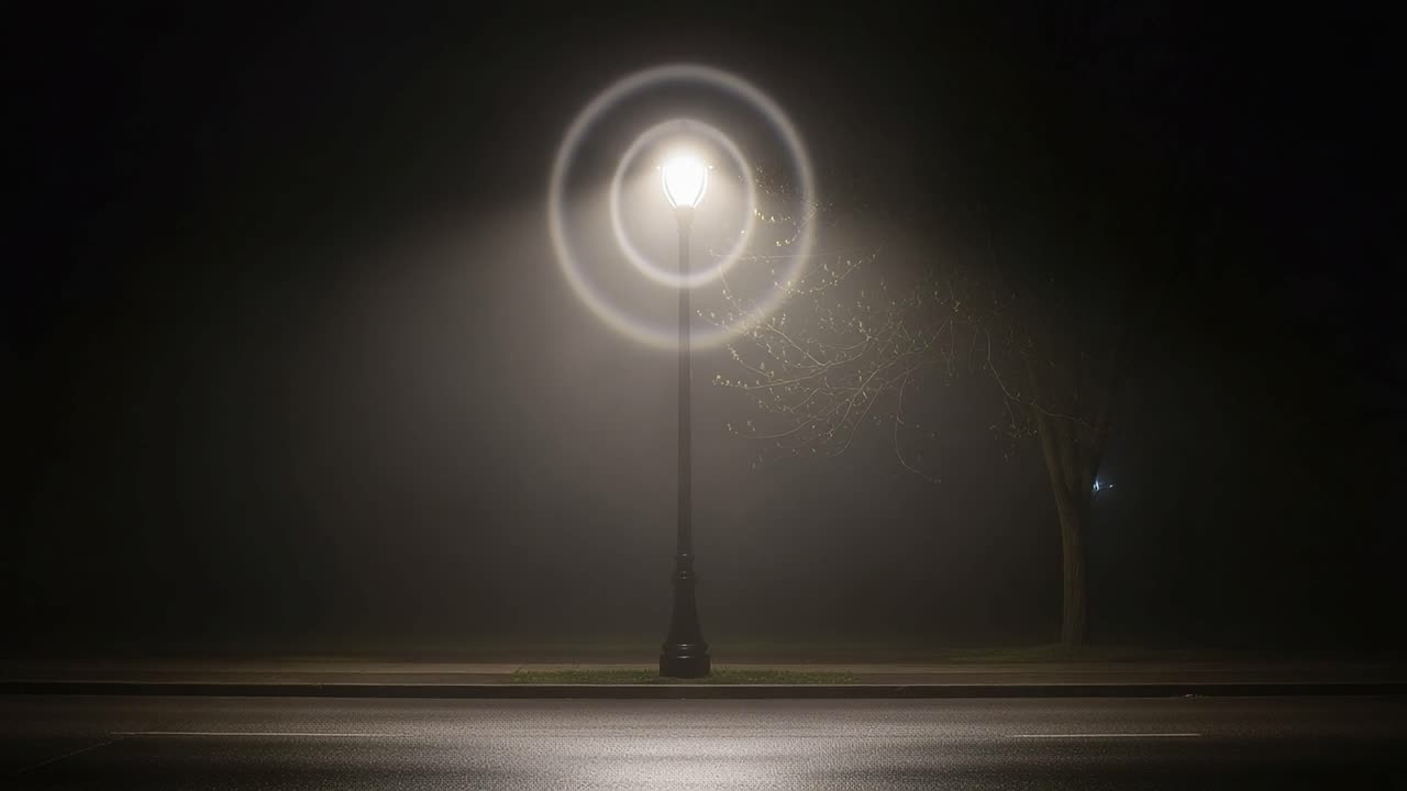 A Mysterious Scene in Fog: Street Lamp Illuminated by Fog, Creating an Enchanting Aura and Radiating Circles of Light on a Quiet Street