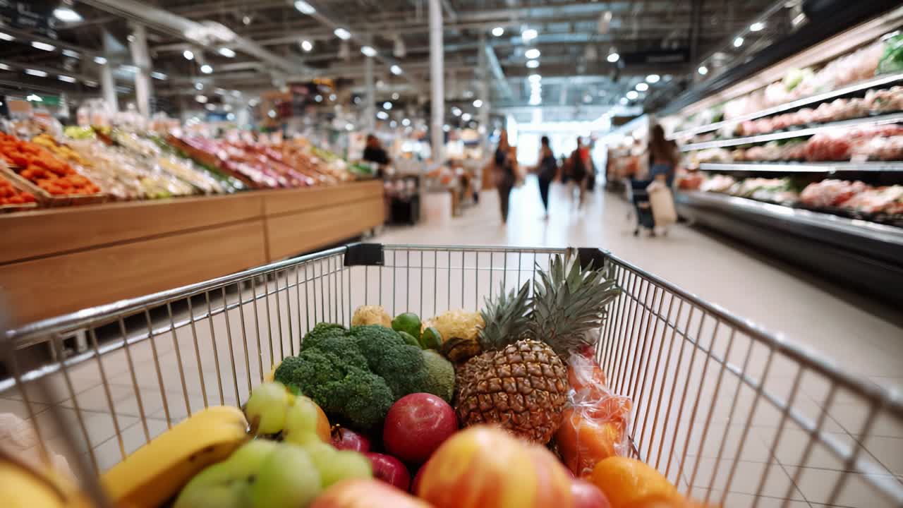 Vibrant Market Scene: A Close-Up of a Shopping Cart Overflowing with Fresh Fruits and Vegetables, Showcasing Healthy Choices in a Busy Grocery Store Environment with Shoppers Nearby