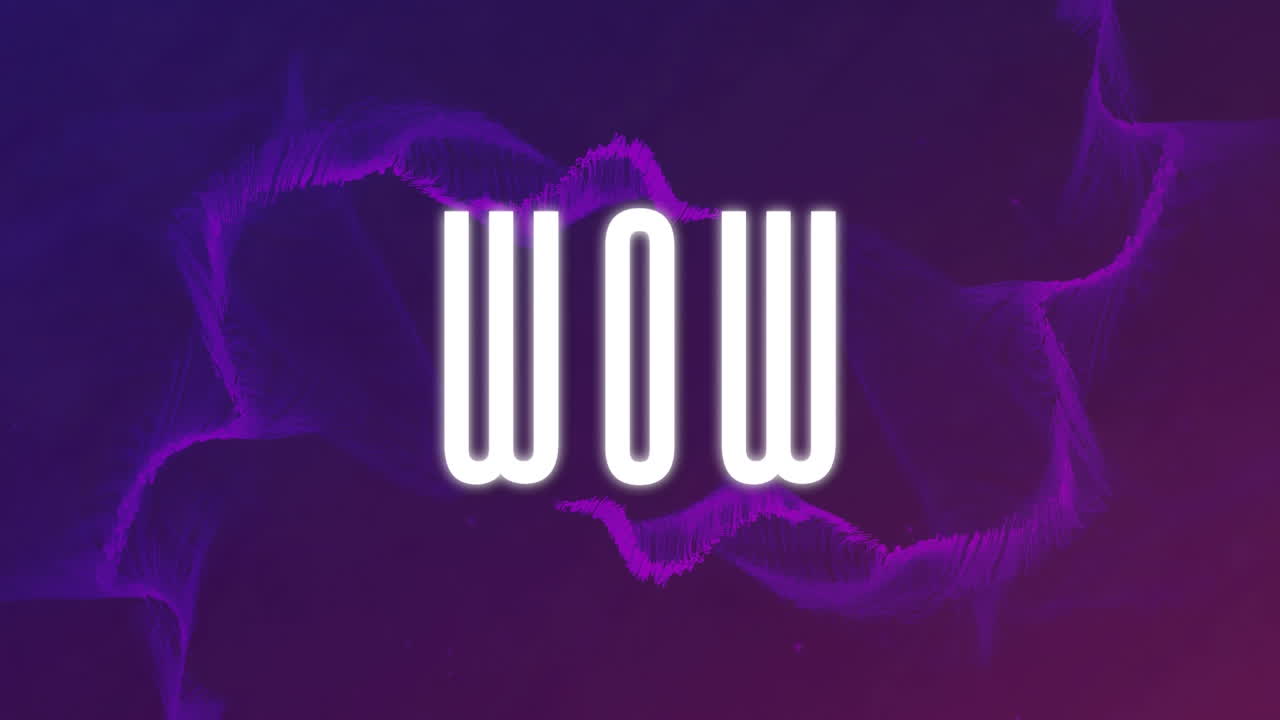 Animation of wow text over purple abstract shape changing and waving