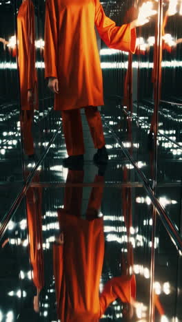woman in orange suit in a reflective corridor