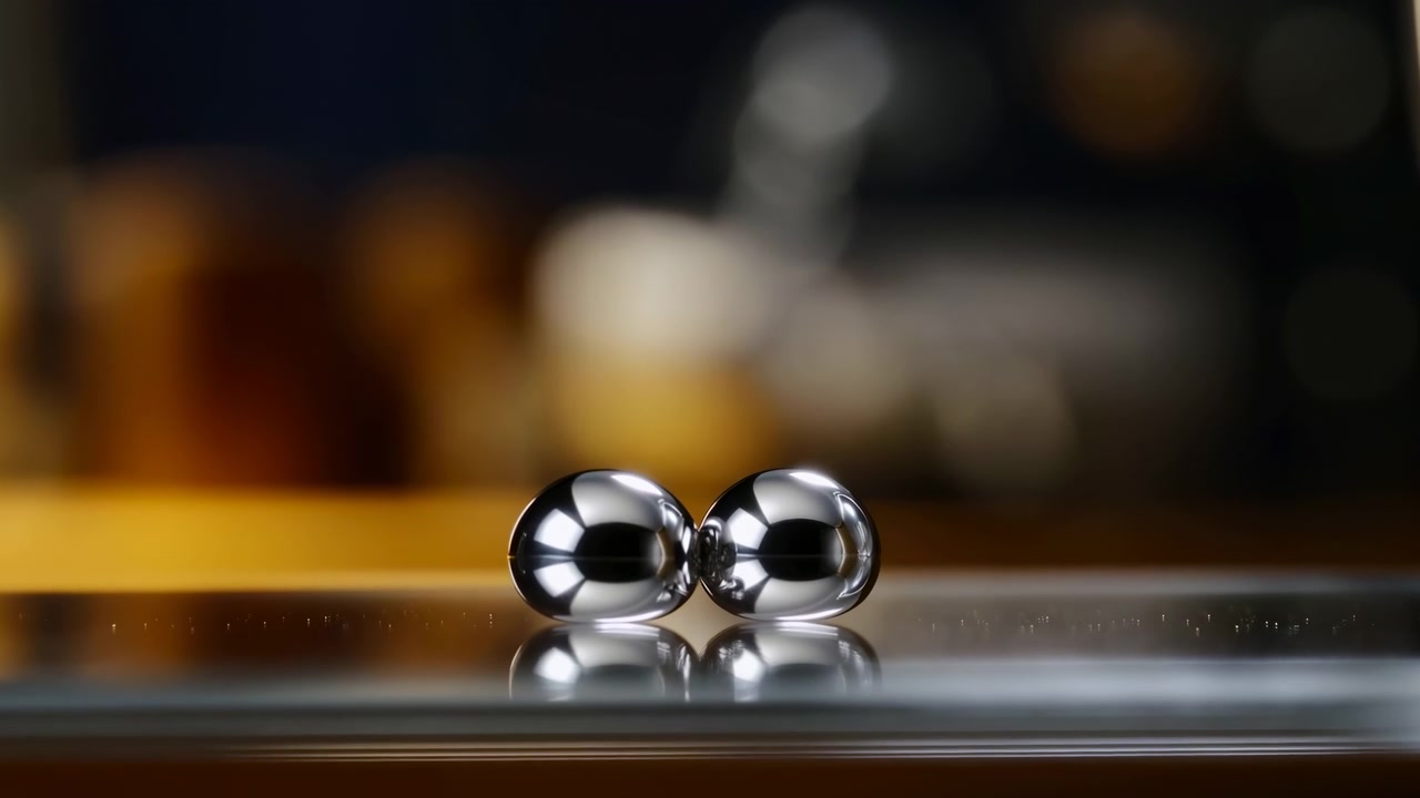 Reflective metal spheres begin separated, move closer frame by frame, and touch on a glossy tabletop while soft amber bokeh and dark surroundings create strong contrast.