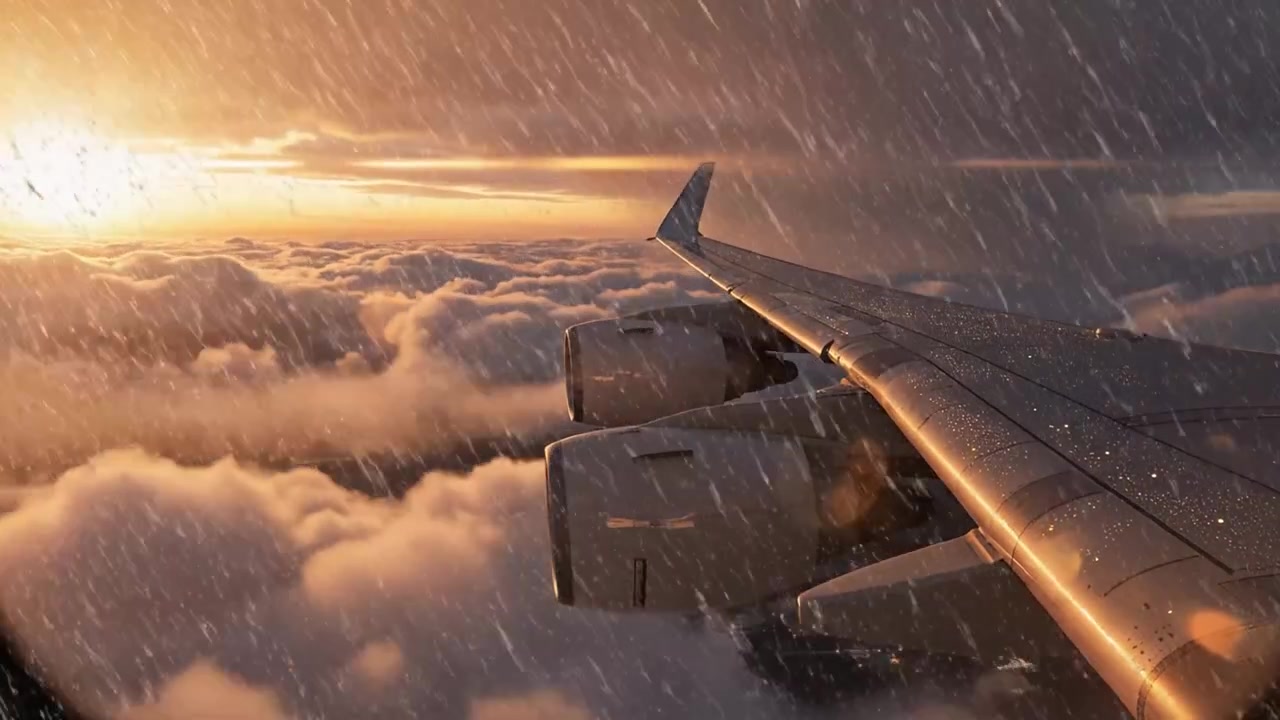 Aerial View of an Airplane Wing During Rainy Sunset with Dramatic Clouds and Glowing Horizon at Dusk, Capturing Nature's Beauty and Flight Experience