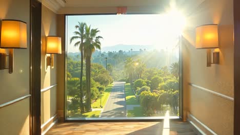 a view of a hallway with a view of the mountains and palm trees