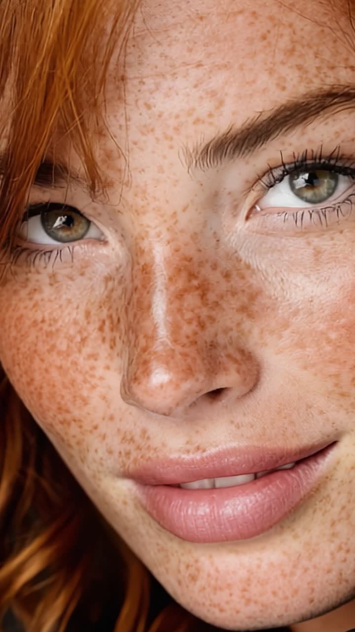 Ritratto accattivante di una giovane donna con lentiggini splendide e occhi luminosi, che mostra bellezza naturale e radiosità in un'inquadratura ravvicinata.
