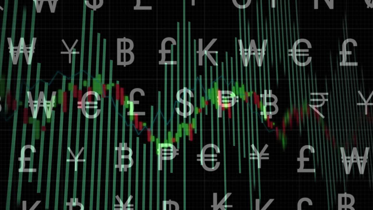 Opening on grid with currency symbols fading bars animating, chart fluctuating visualizing markets