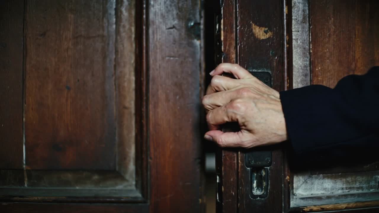 Mano destra che afferra, avambraccio che fa scorrere una porta di legno all'ingresso, con manica scura, fermo, spazio per il testo